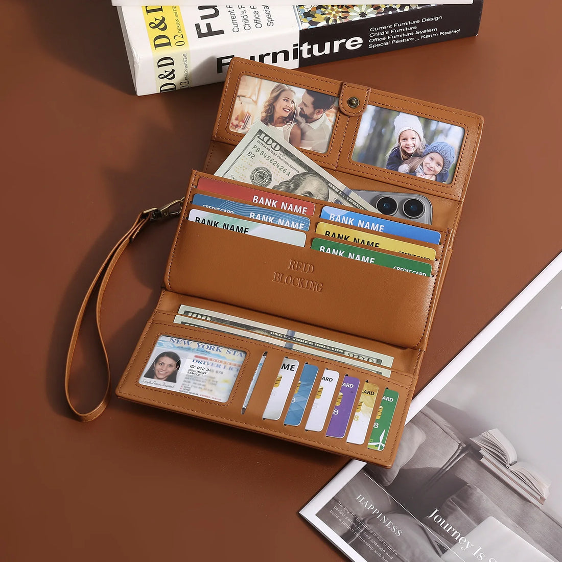 PU leather lady's long three-fold wallet